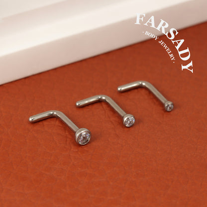 Bezel Round CZ - F136 Titanium L-Shape Nose Stud / Fit 18G 20G Nose Ring