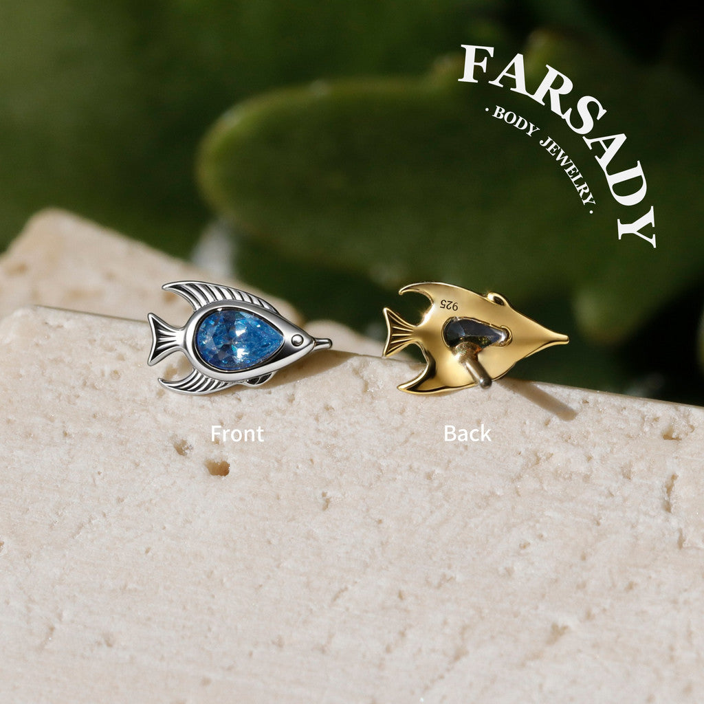 Azure Fish - 925 Silver Threadless Stud / Fits Cartilage Helix Tragus Lobe Nostril Piercing