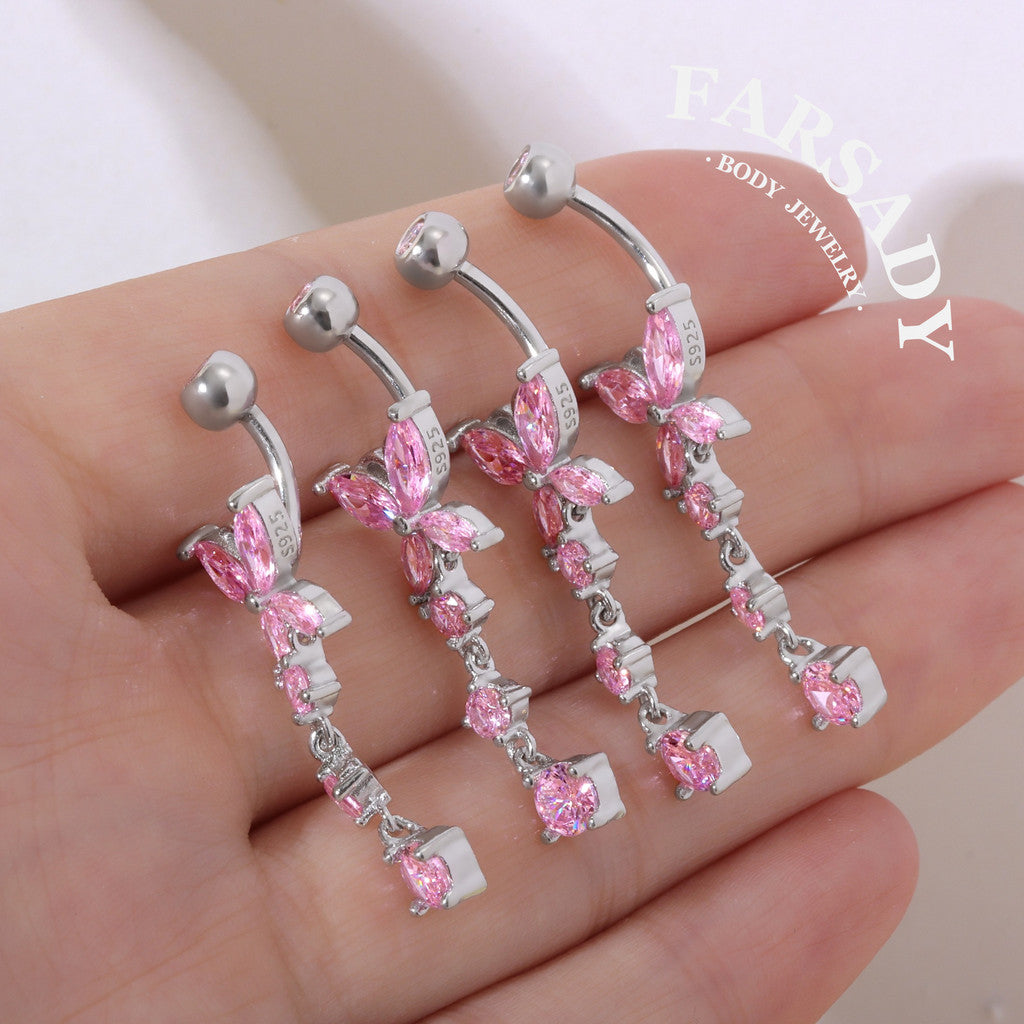 Pink Butterfly Trail - 925 Silver Pink CZ Belly Button Ring / Fits 14G Navel Piercing