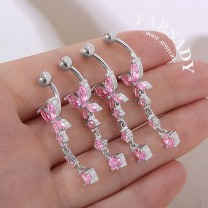 Pink Butterfly Trail - 925 Silver Pink CZ Belly Button Ring / Fits 14G Navel Piercing