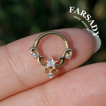 Sterling Silver Star-Shape CZ Septum Ring: S925 Plated 18K Gold, Alt Fashion Daith Earring, Sharp Spike Helix Tragus Conch Hoop Jewelry