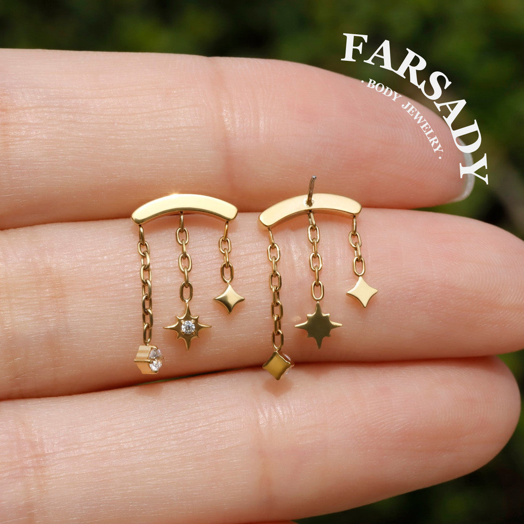 Triple Star Dangle Hidden Helix Threadless Earring, Implant Grade Push-in Stud, Flat Back Floating Helix Piercing Jewelry, 16G/18G/20G