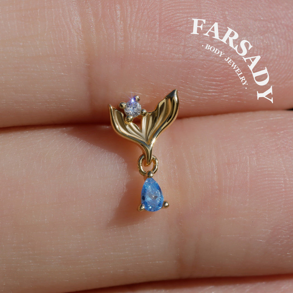 Mermaid Legend Helix Stud Earring with Blue CZ Dangle, Sterling Silver Tragus Lobe Conch Piercing Jewelry, Titanium Flat Back Ear Stack