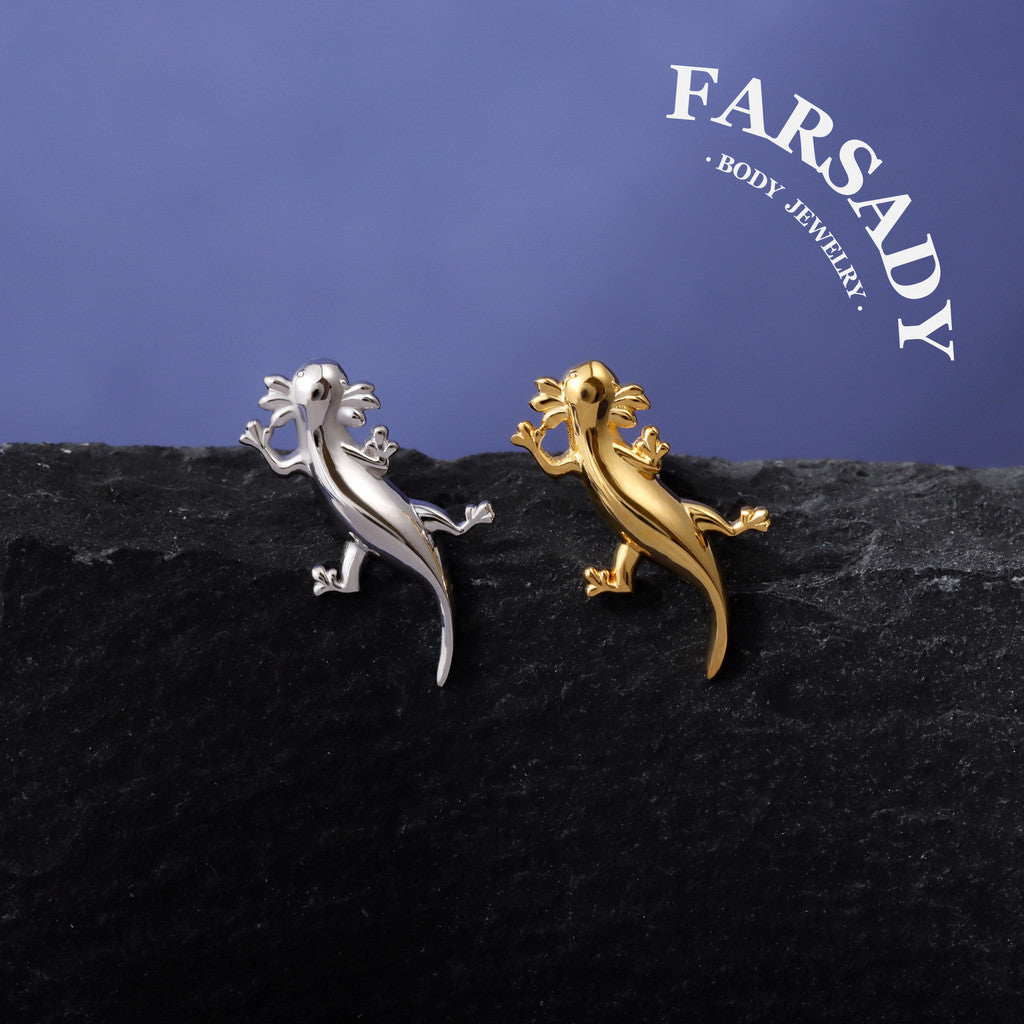 Axolotl Threadless Push In Helix Earring| 18K Gold Plated Sterling Silver Flat Back Labret| Tragus Helix Conch Nose Stud,Bio-inspired design