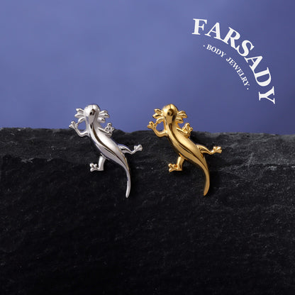 Axolotl Threadless Push In Helix Earring| 18K Gold Plated Sterling Silver Flat Back Labret| Tragus Helix Conch Nose Stud,Bio-inspired design