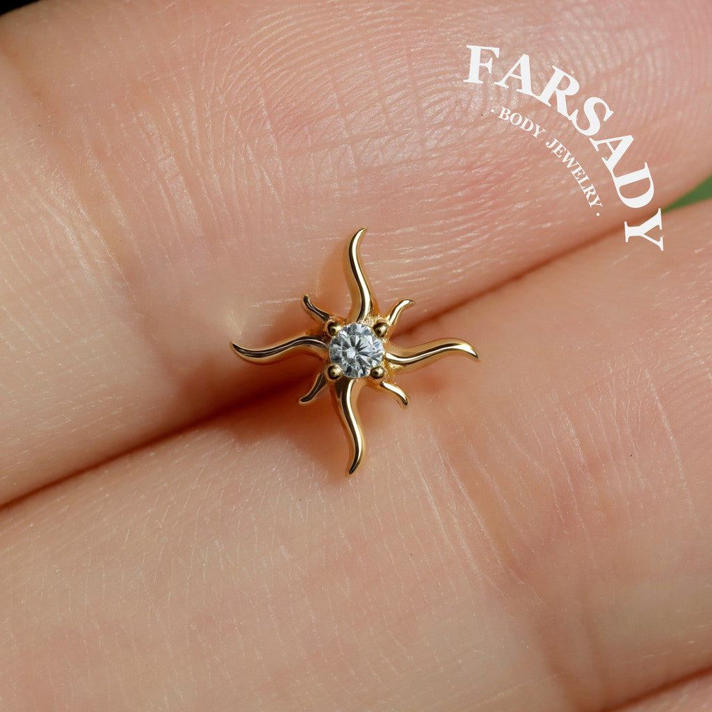 Sterling Silver Mini Sun Threadless Push In Tragus Stud,  S925 Cartilage Stud, Flat Back Titanium Post, Design Flower Helix/ Lobe/ Lip Earring