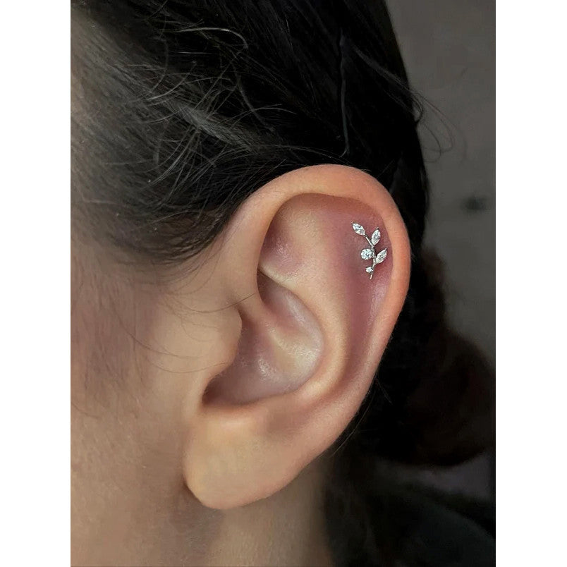 16G Titanium Flat Back Earrings for Women Conch/Helix/Foward Helix/Tragus/Hypoallergenic Piercing Jewelry Internal Thread Cartilage Stud Gold Silver CZ Branch Earrings