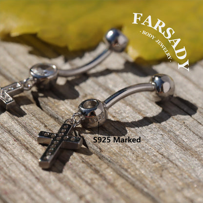 Cross Dew Pendant - 925 Silver Clear CZ Belly Button Ring / Fits 14G Navel Piercing