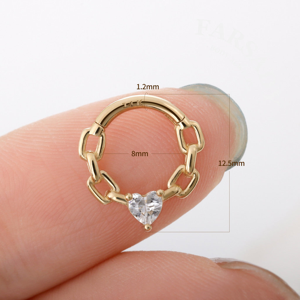 Chain Heartlock - Solid 14K Gold Hinged Clicker Hoop / Fits 16G Septum Ring Helix Conch Cartilage Earring