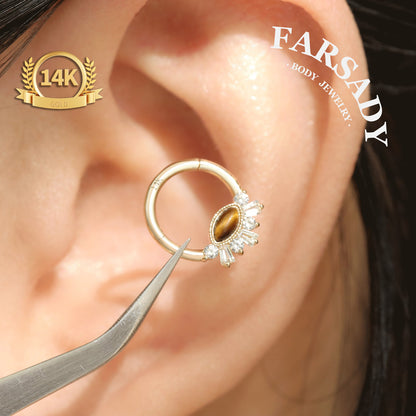 Tiger Eye Radiance - Solid 14K Gold Hinged Clicker Hoop / Fits 16G Septum Ring Helix Conch Cartilage Earring