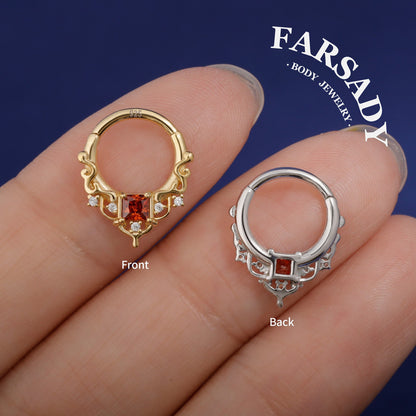16G Red Gem Gothic Cathedral Daith Earring: 925 Silver Septum Ring Unique Design, Gold Helix Tragus Conch Lobe Clicker Hoop 18K Gold Plated