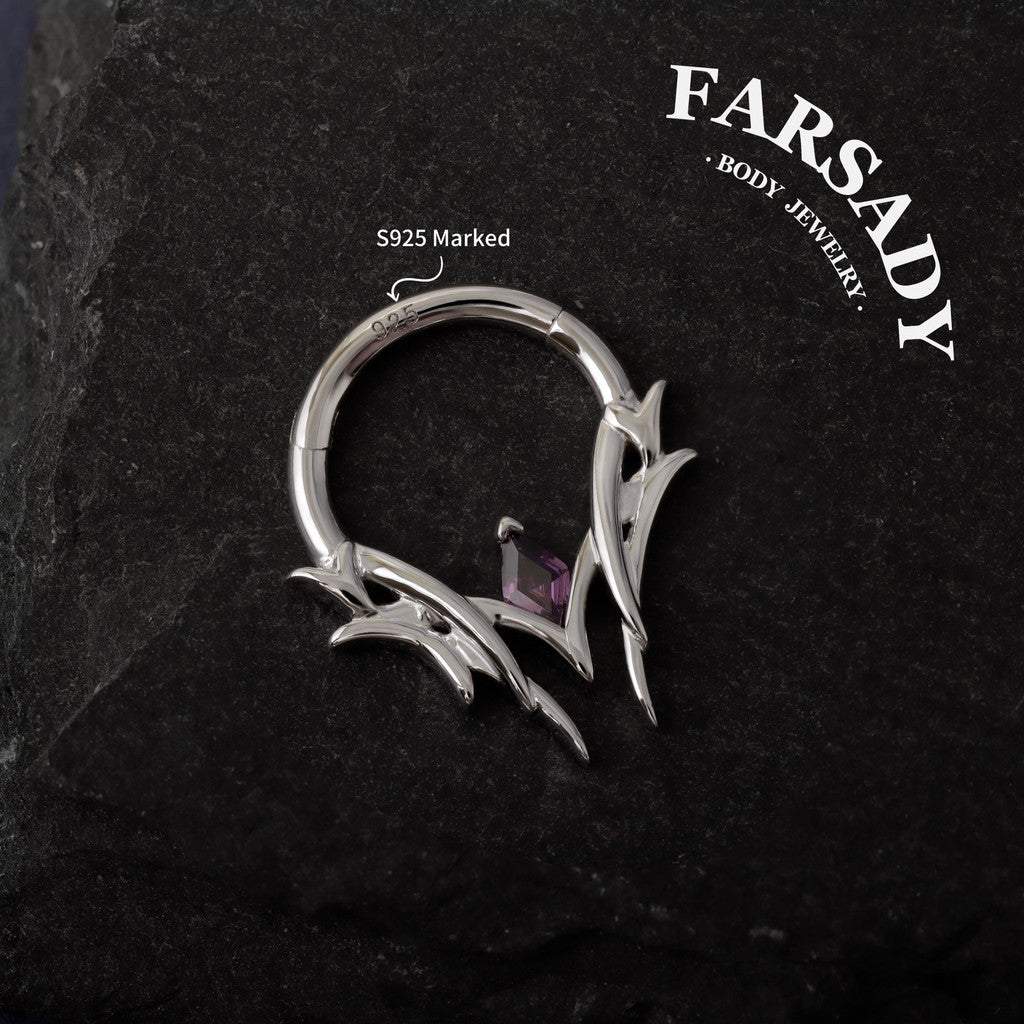 Thorn Diamond Shape Amethyst CZ Septum Ring Sterling Silver Plated 18K Gold Alt Fashion Sharp Spike Daith Earring Helix Tragus Conch Hoop Daily Wear Gothic Gift Jewelry