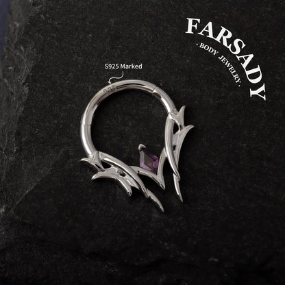 Thorn Diamond Shape Amethyst CZ Septum Ring Sterling Silver Plated 18K Gold Alt Fashion Sharp Spike Daith Earring Helix Tragus Conch Hoop Daily Wear Gothic Gift Jewelry