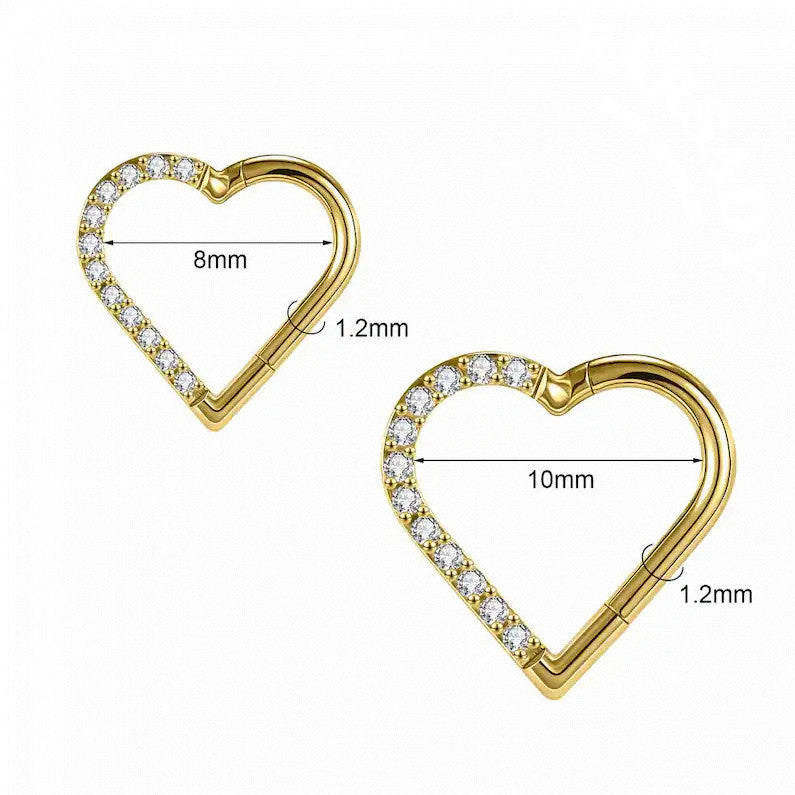 16G Titanium Heart CZ Daith Earring, 8mm Silver Helix Hoop Earring, Gold Cartilage Ring Clicker, Hinged  Left Right Ear Piercing