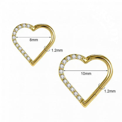 16G Titanium Heart CZ Daith Earring, 8mm Silver Helix Hoop Earring, Gold Cartilage Ring Clicker, Hinged  Left Right Ear Piercing