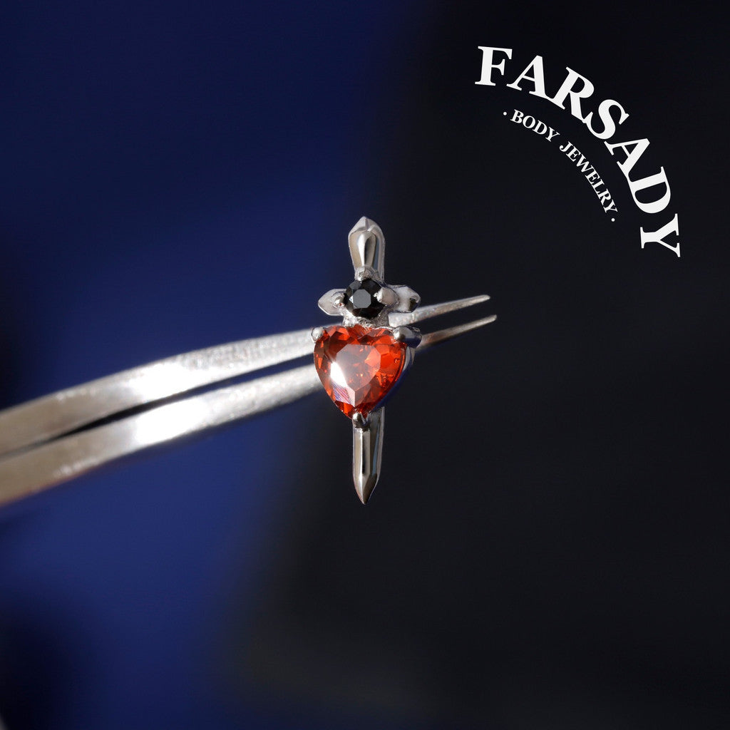 Sword Heart - Sterling Silver Push In Stud / Fits Cartilage Helix Tragus Lobe Earring  Nose Stud / Threadless Flat Back Piercing, Hypoallergenic Jewelry for Sensitive Skin
