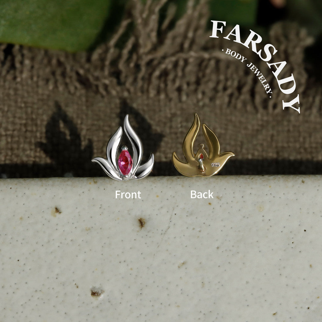 Pink Lotus Threadless Push In Helix Stud, Sterling Silver Cartilage Stud, Flat Back Titanium Post, Design Flower Tragus/ Lobe/ Lip Earring