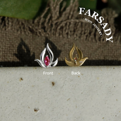 Pink Lotus Threadless Push In Helix Stud, Sterling Silver Cartilage Stud, Flat Back Titanium Post, Design Flower Tragus/ Lobe/ Lip Earring