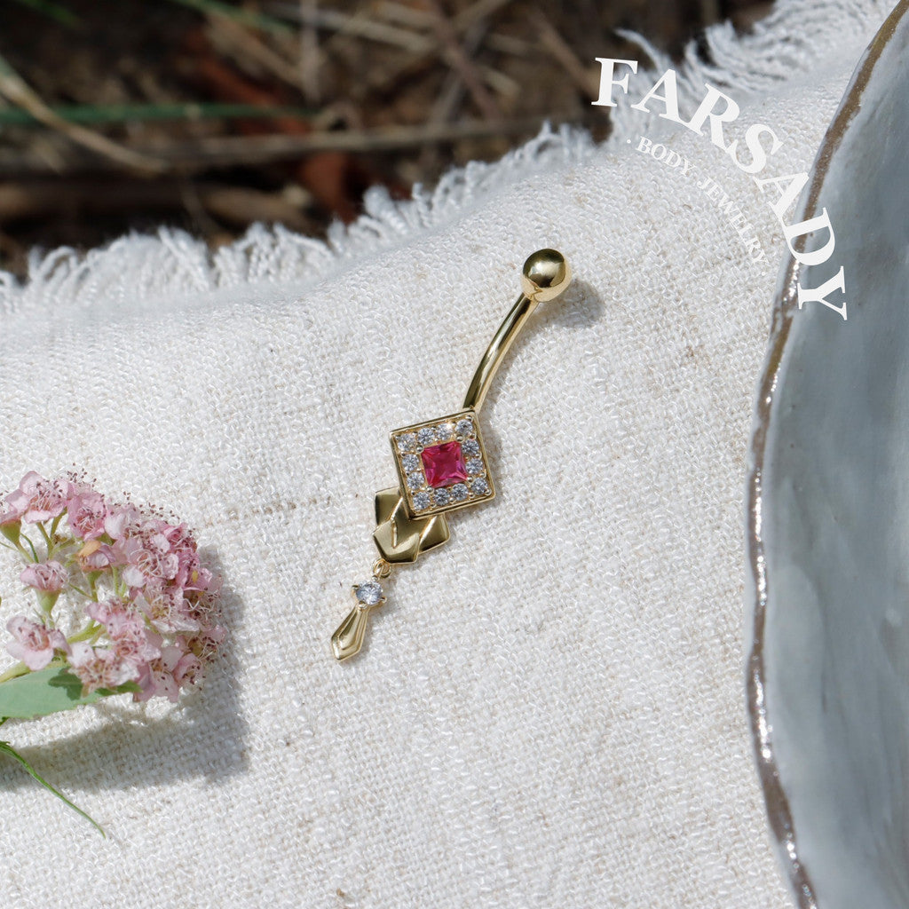 14G Belly Button Ring – 925 Silver 18K Gold Plated| Pink CZ Amulet Belly Ring Dangle Bar| Hypoallergenic Navel Piercing Jewelry| Waterproof
