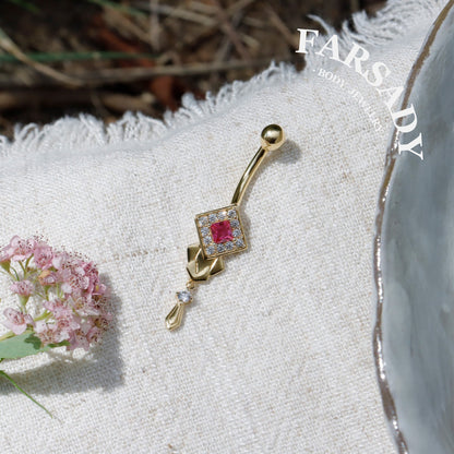 14G Belly Button Ring – 925 Silver 18K Gold Plated| Pink CZ Amulet Belly Ring Dangle Bar| Hypoallergenic Navel Piercing Jewelry| Waterproof