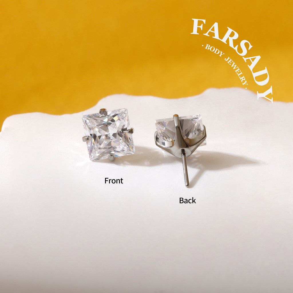 Color Square Zircon - F136 Titanium Colorful CZ Replacement Tops / Fits Threadless Ear Studs