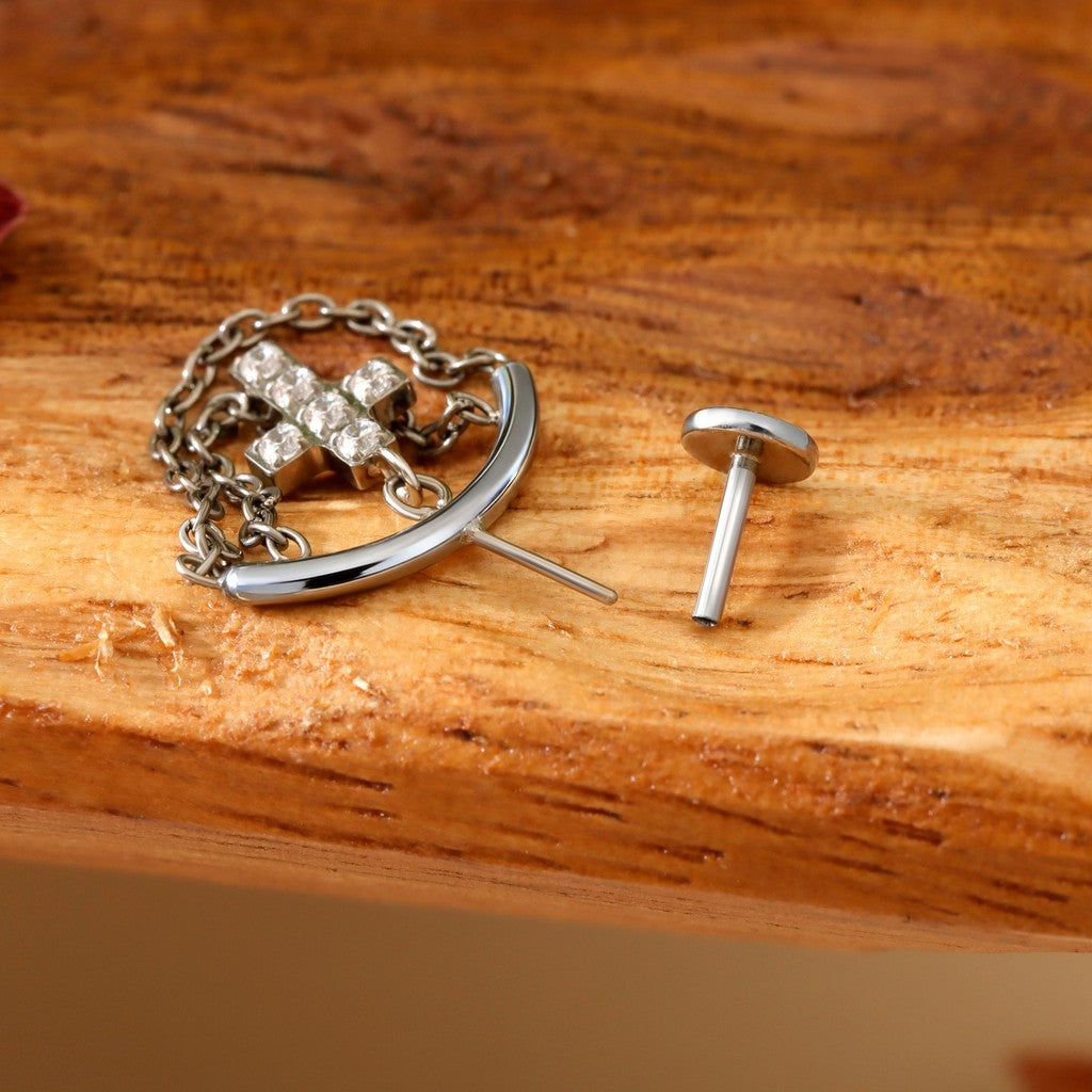 Layer Chain Cros - F136 Titanium Threadless Stud / Fits Vertical Helix Hidden Rook Earring