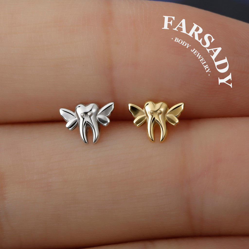 Tooth Wing - 925 Silver Threadless Stud / Fits Cartilage Helix Tragus Lobe Earring