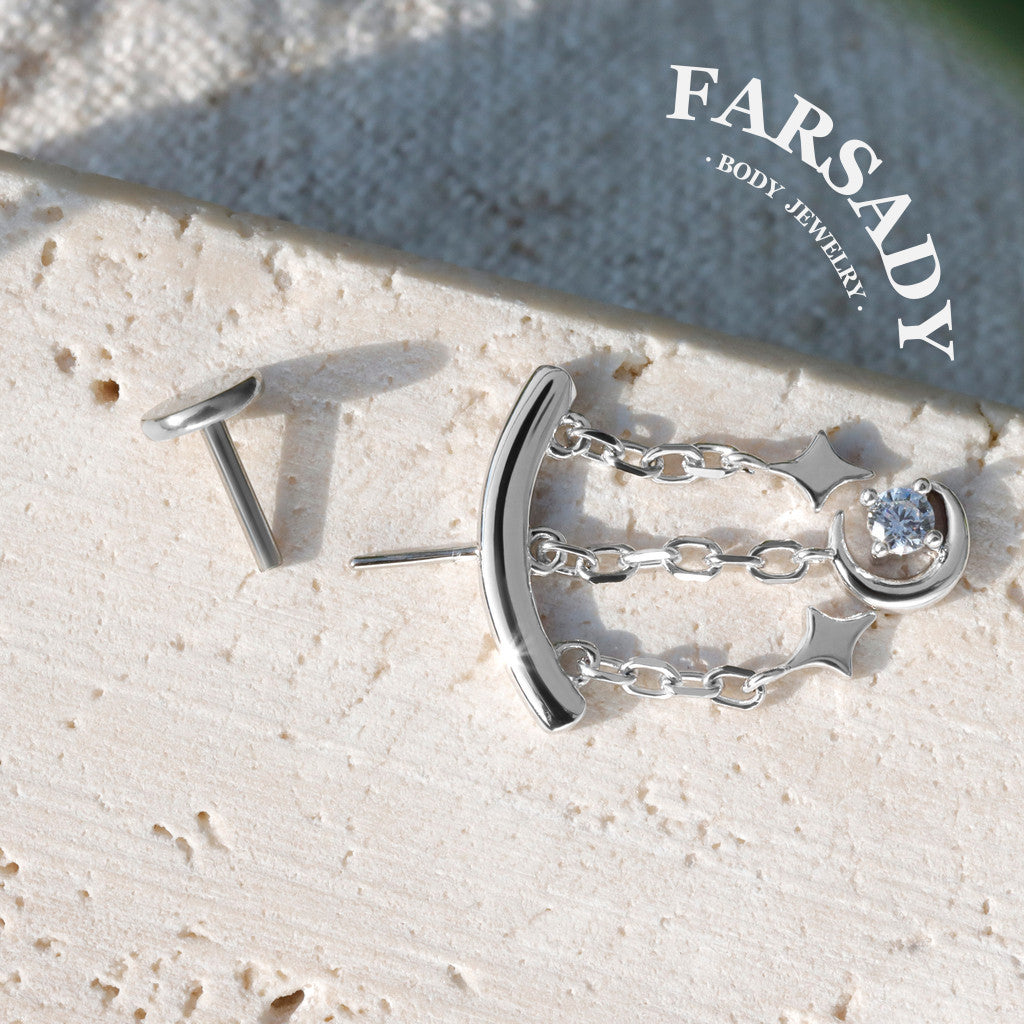 S925 Moon Star Threadless Stud | Fits Vertical Helix & Hidden Rook