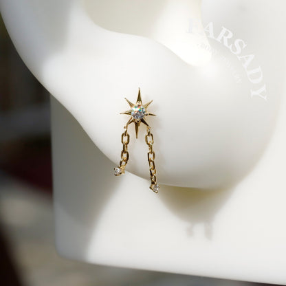 Sterling Silver Star Dangle Helix Earring • Threadless Push In Flat Piercing Jewelry •  S925 Tragus Conch Lobe Cartilage Jewelry • Titanium Back