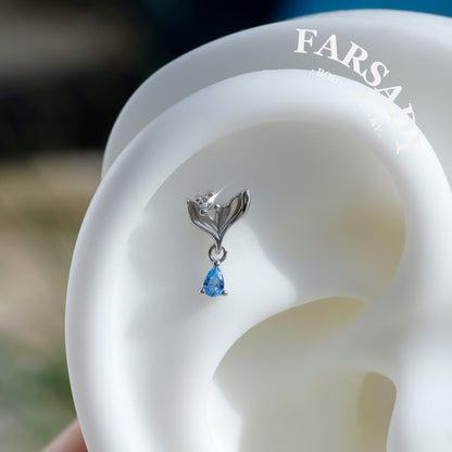 Mermaid Legend Helix Stud Earring with Blue CZ Dangle, Sterling Silver Tragus Lobe Conch Piercing Jewelry, Titanium Flat Back Ear Stack