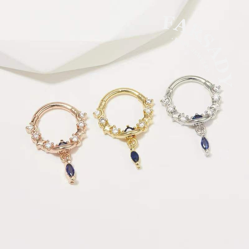 Star Tear - CZ Dangle Hinged Clicker Hoop / Fits 16G Septum Ring Helix Conch Cartilage Earring