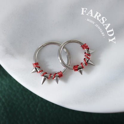 Crimson Bind - Red Wire Spike Hinged Clicker Hoop / Fits 16G Septum Ring Helix Conch Cartilage Earring