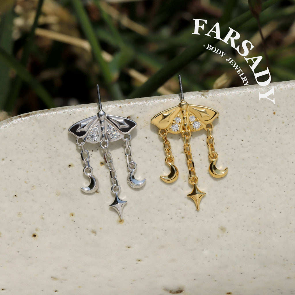 Lunar Moth - 925 Silver Threadless Stud / Fits Vertical Helix Hidden Rook Earring