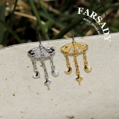Lunar Moth - 925 Silver Threadless Stud / Fits Vertical Helix Hidden Rook Earring