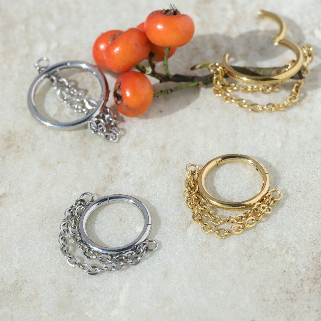 Chain Veil - Double Chain Dangle Hinged Clicker Hoop / Fits 16G Septum Ring Helix Conch Cartilage Earring