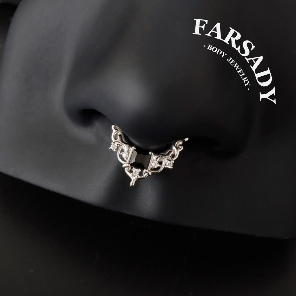 Black CZ Byzantine Design Septum - 925 Sterling Silver Septum Ring| Hinged Segment Clicker| Nose/Helix/Daith/Lobe Clicker | Gold or Silver