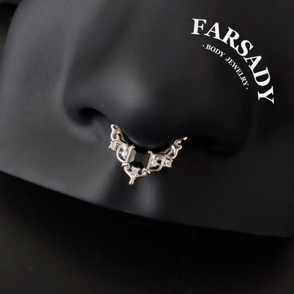 Black CZ Byzantine Design Septum - 925 Sterling Silver Septum Ring| Hinged Segment Clicker| Nose/Helix/Daith/Lobe Clicker | Gold or Silver