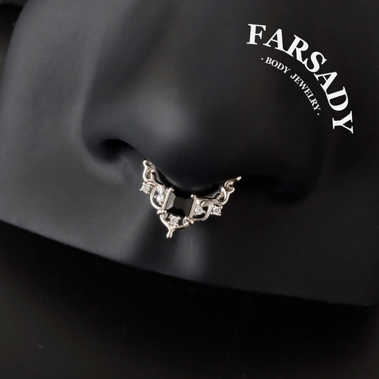 Black CZ Byzantine Design Septum - 925 Sterling Silver Septum Ring| Hinged Segment Clicker| Nose/Helix/Daith/Lobe Clicker | Gold or Silver