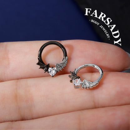 16G Angel VS Devil Septum Ring| Sterling Silver Septum Jewelry| Heart Daith Earring Hoop| Helix Piercing Jewelry| Gothic Piercing Jewelry