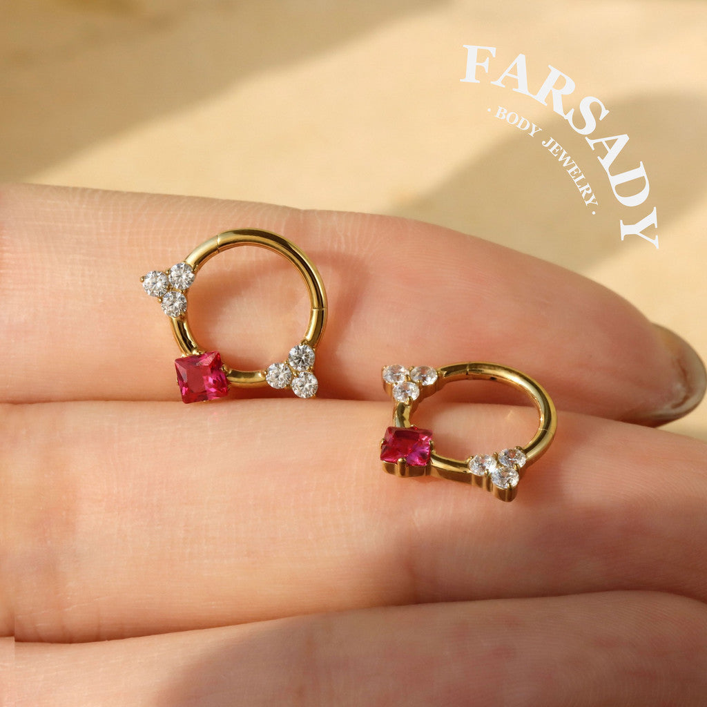 Titanium Septum Ring| 16G Hinged Septum Clicker| Pink Crystal Helix Earring| Silver Daith Piercing Jewelry| Shiny Septum Ring Daily