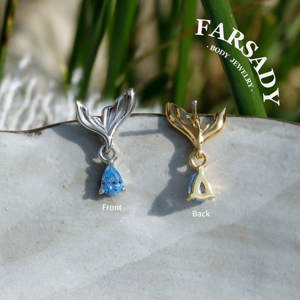 Mermaid Tail Flat Helix Dangle Stud: Blue Gem Tragus Helix Lobe Threadless Push In Cartilage Earring, 925 Silver Plated 18k Gold,Nickle-Free