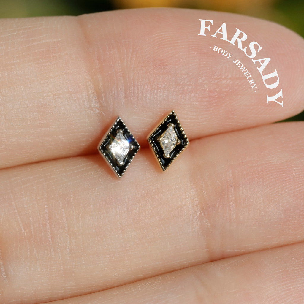 Rhombus Black Enamel CZ Tragus Studs, Sterling Silver Helix Piercing Earrings, Titanium Threadless Push Pin, Flat Back Minimalist Jewelry