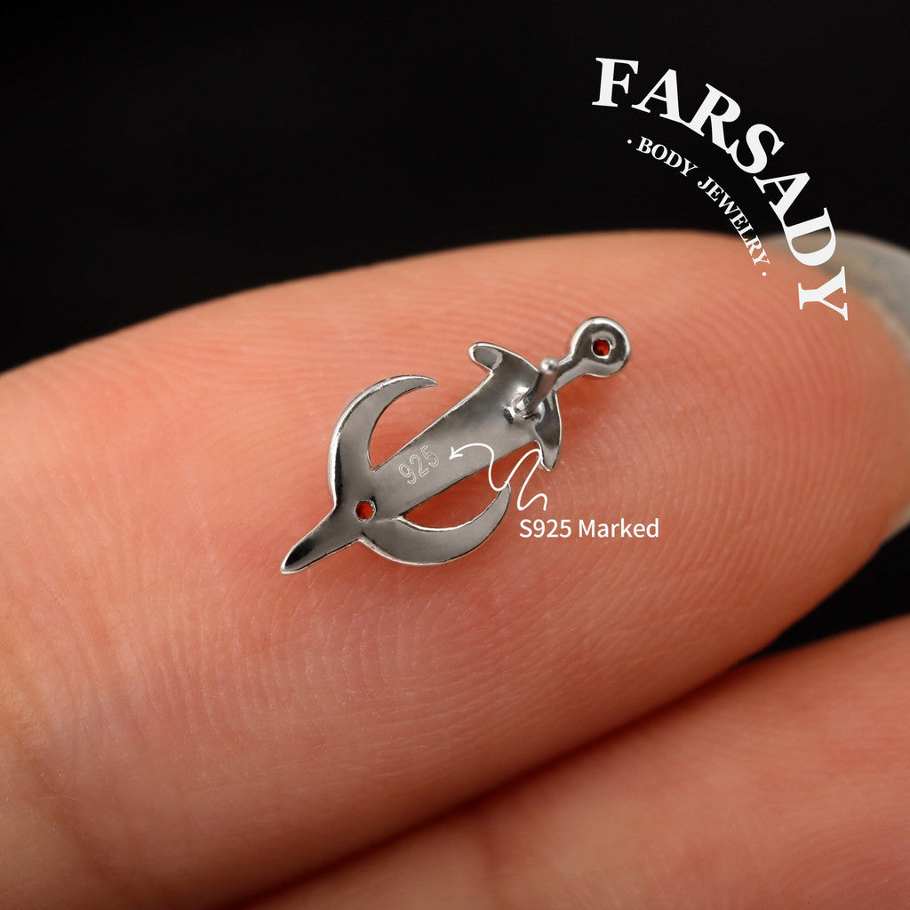 Silvery Moon Sword Threadless Tragus Stud: Gothic Helix/ Conch/ Nose Flat Back Earring, Crescent Titanium Push Back Earring, Tragus Piercing