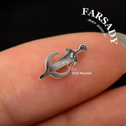 Silvery Moon Sword Threadless Tragus Stud: Gothic Helix/ Conch/ Nose Flat Back Earring, Crescent Titanium Push Back Earring, Tragus Piercing