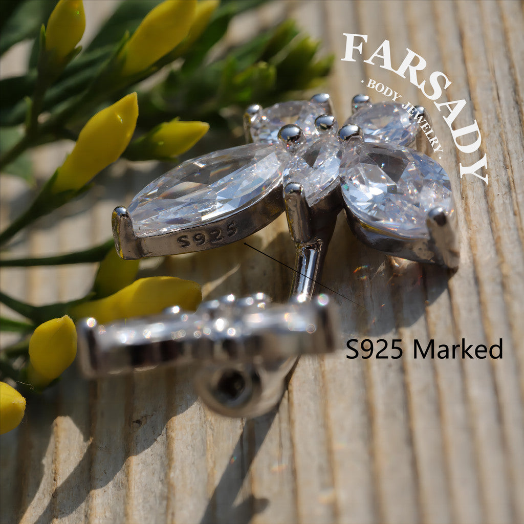 Twin Butterfly Echo - 925 Silver Clear CZ Belly Button Ring / Fits 14G Navel Piercing