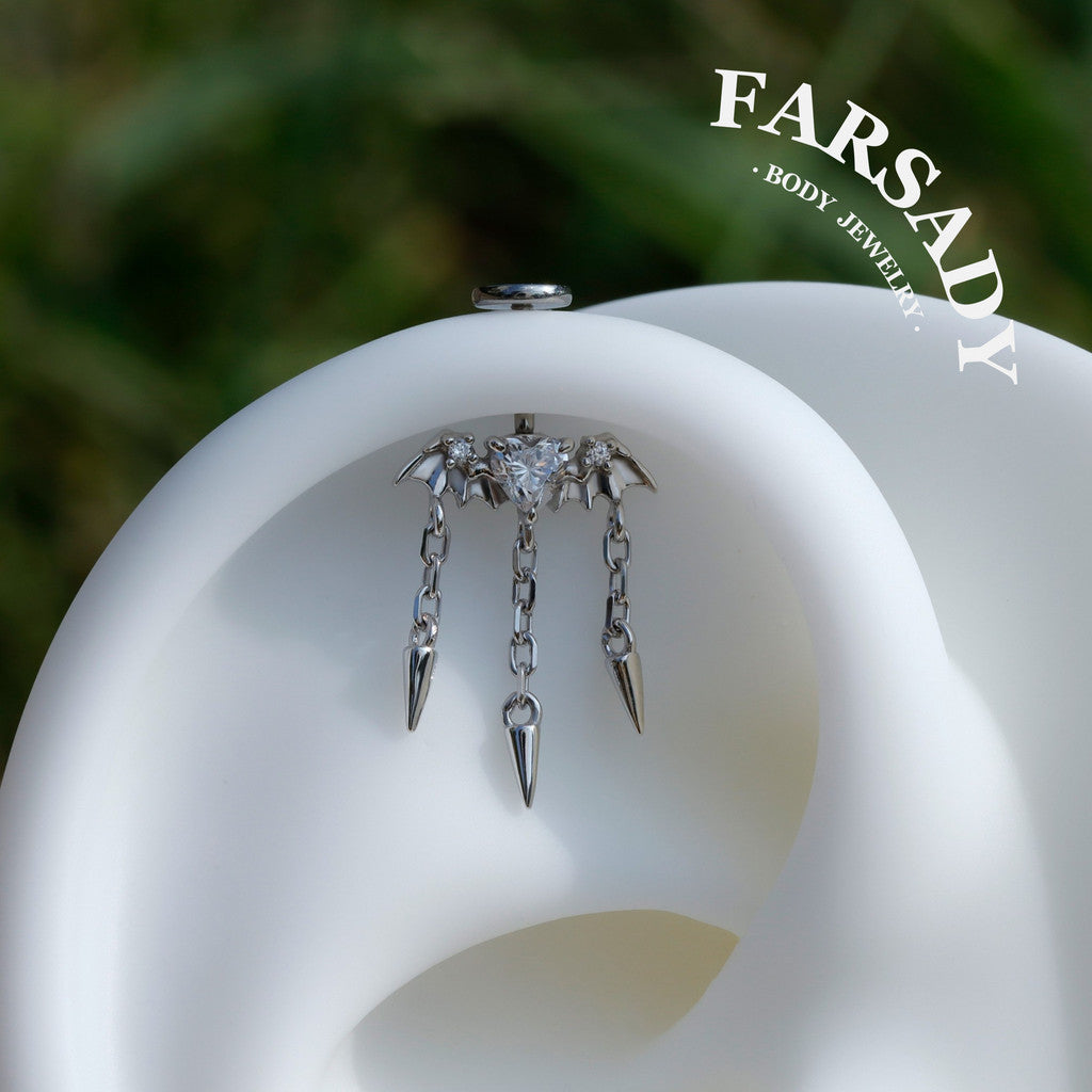 Bat Wing Heart - 925 Silver Threadless Stud / Fits Vertical Helix Hidden Rook Earring