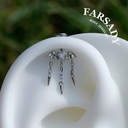 Bat Wing Heart - 925 Silver Threadless Stud / Fits Vertical Helix Hidden Rook Earring