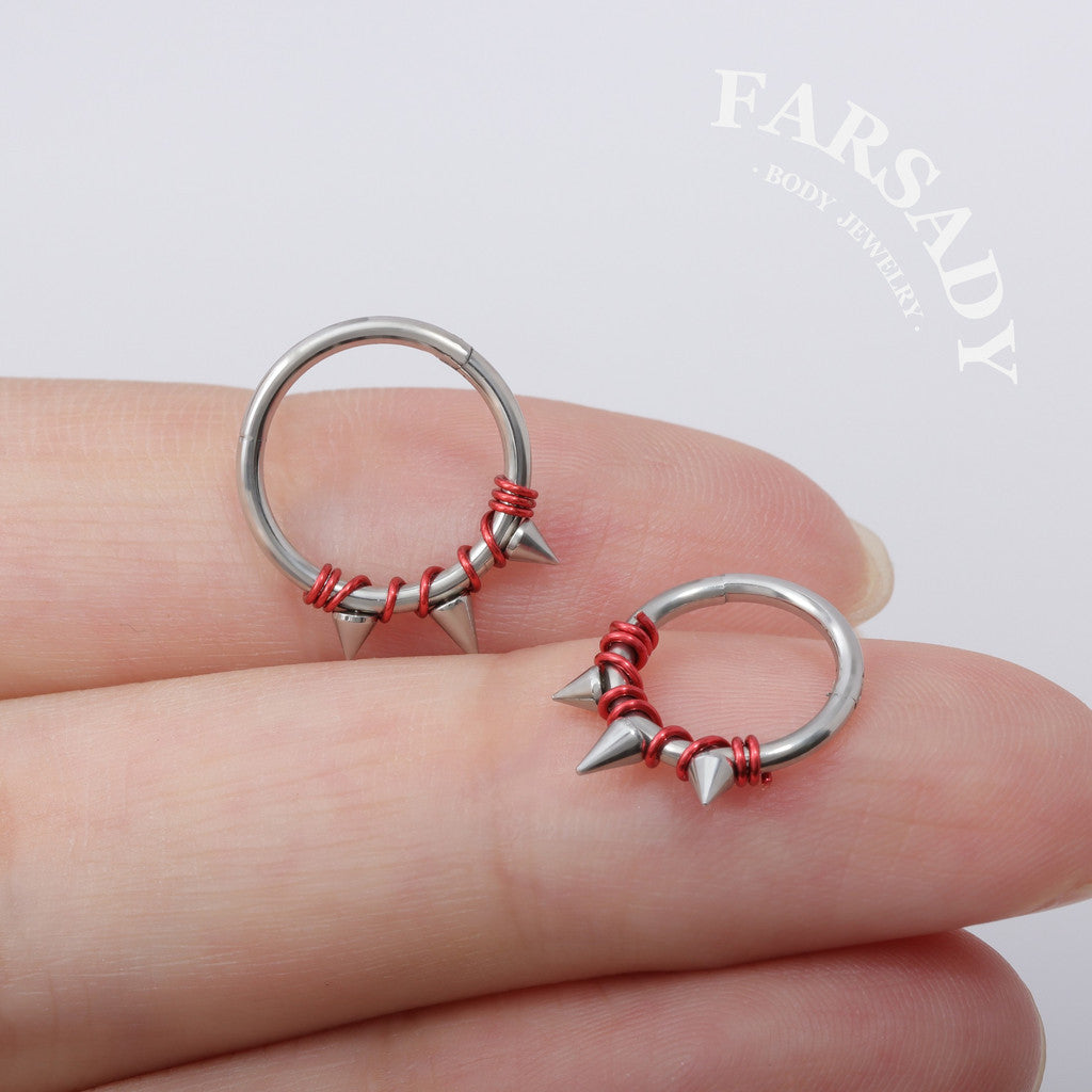 Crimson Bind - Red Wire Spike Hinged Clicker Hoop / Fits 16G Septum Ring Helix Conch Cartilage Earring