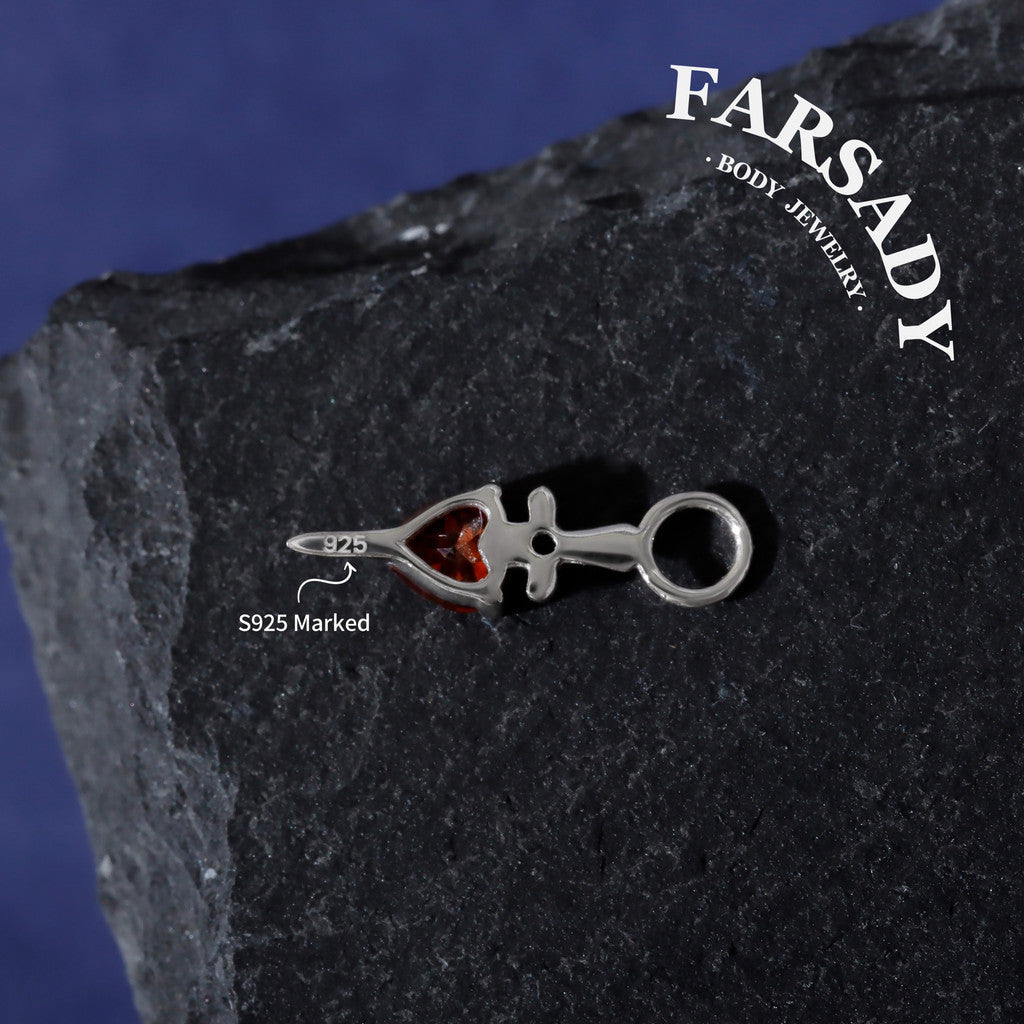 Crimson Blade Talisman - 925 Sterling Silver Red CZ Heart Dangle Charm / Interchangeable Hoop Earring Pendant for Helix Daith Cartilage Piercing