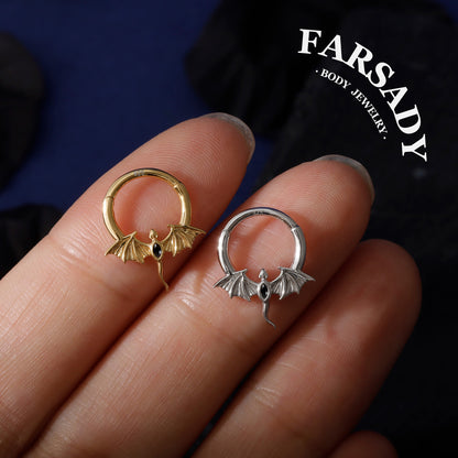 16G Flying Dragon Daith Hoop Earring S925 Sterling Silver Obsidian Inlaid Septum Clicker Original Design Gothic Halloween Helix Piercing Daily Wear Gift for Her